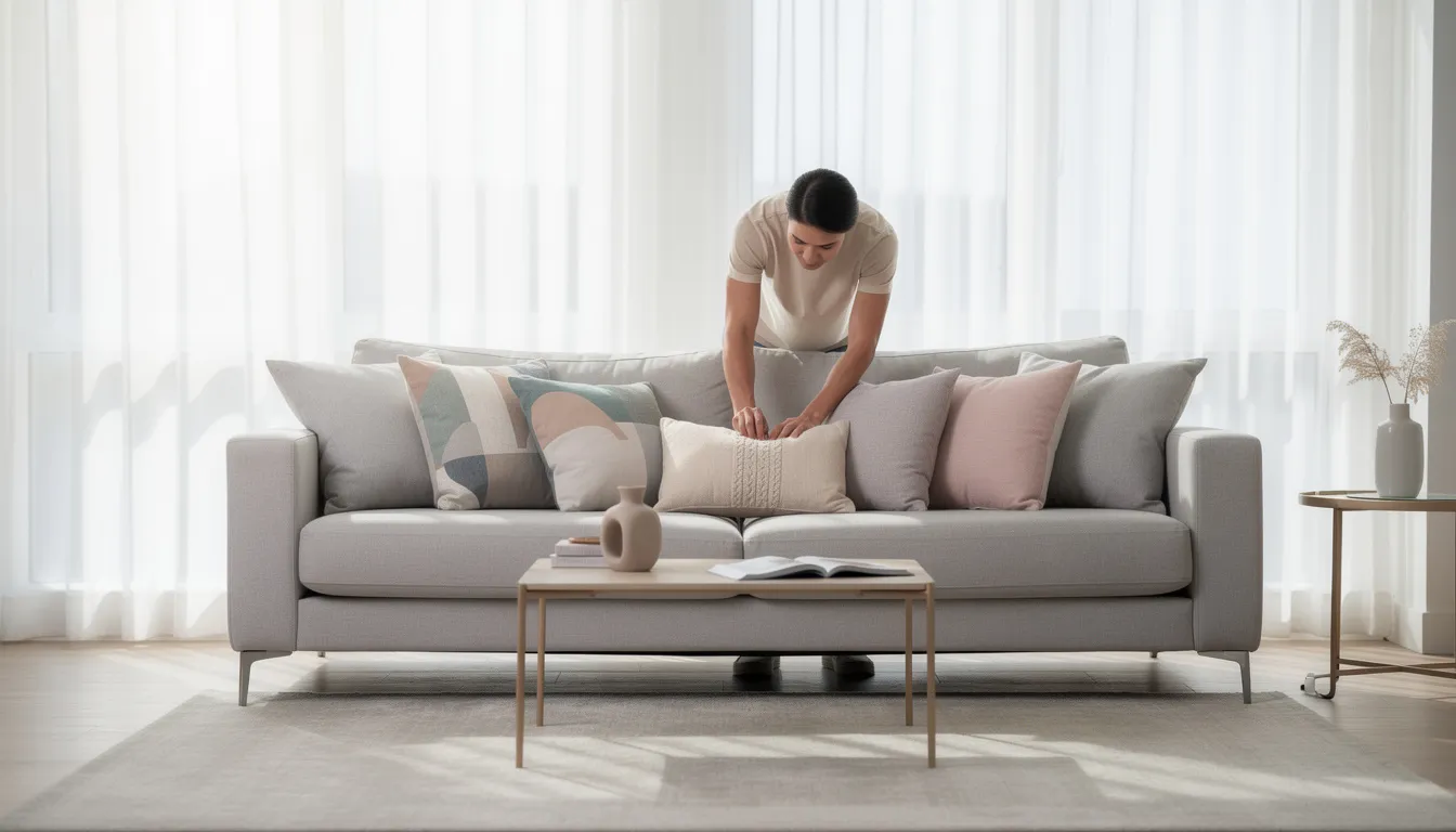 Na zdjęciu widoczna jest osoba starannie przygotowująca salon do sesji zdjęciowej, układająca poduszki na sofie, co ma na celu zwiększenie atrakcyjności oferty sprzedaży mieszkania. Dbałość o szczegóły i estetykę wnętrza może znacząco przyciągnąć uwagę potencjalnych nabywców.