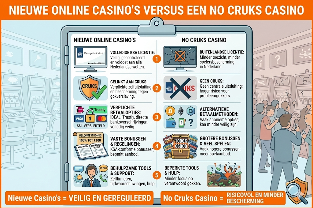 Infographic die nieuwe online casino’s met KSA-licentie vergelijkt met een no CRUKS casino, inclusief verschillen in regelgeving, spelersbescherming, betaalmethoden, bonussen en verantwoord spelen in Nederland.
