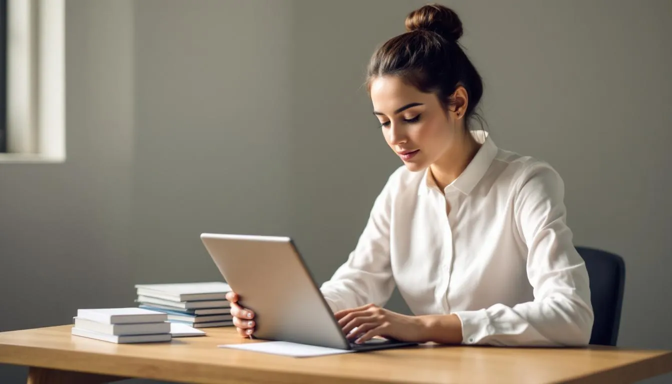 Una persona está tomando un test de inglés en una tablet, concentrándose en las preguntas que evalúan su nivel de inglés. La imagen muestra un entorno de aprendizaje donde se puede apreciar el interés por mejorar sus habilidades en el idioma.