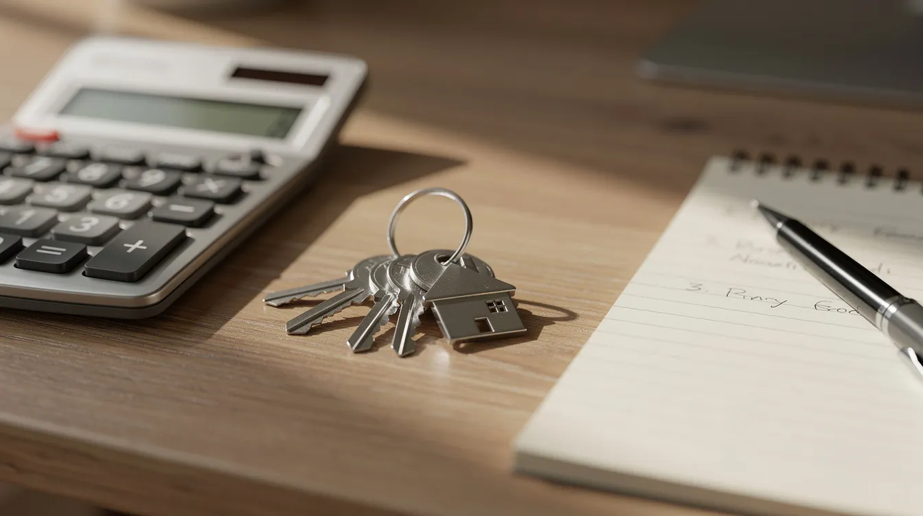 The image features a calculator, house keys, and a notepad arranged on a wooden desk, suggesting a focus on financial planning for real estate investors. This setup is commonly associated with evaluating hard money loans and investment properties.