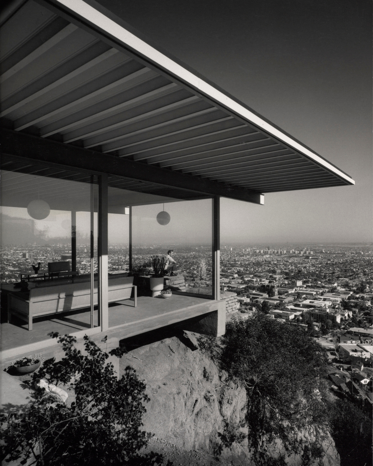A view of the butterfly roof rather than a flat roof on the top of Stahl House in the Hollywood Hills.