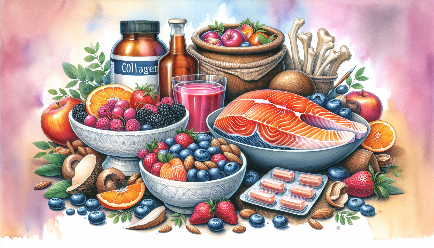 Watercolor painting of collagen-rich foods and supplements for thyroid health