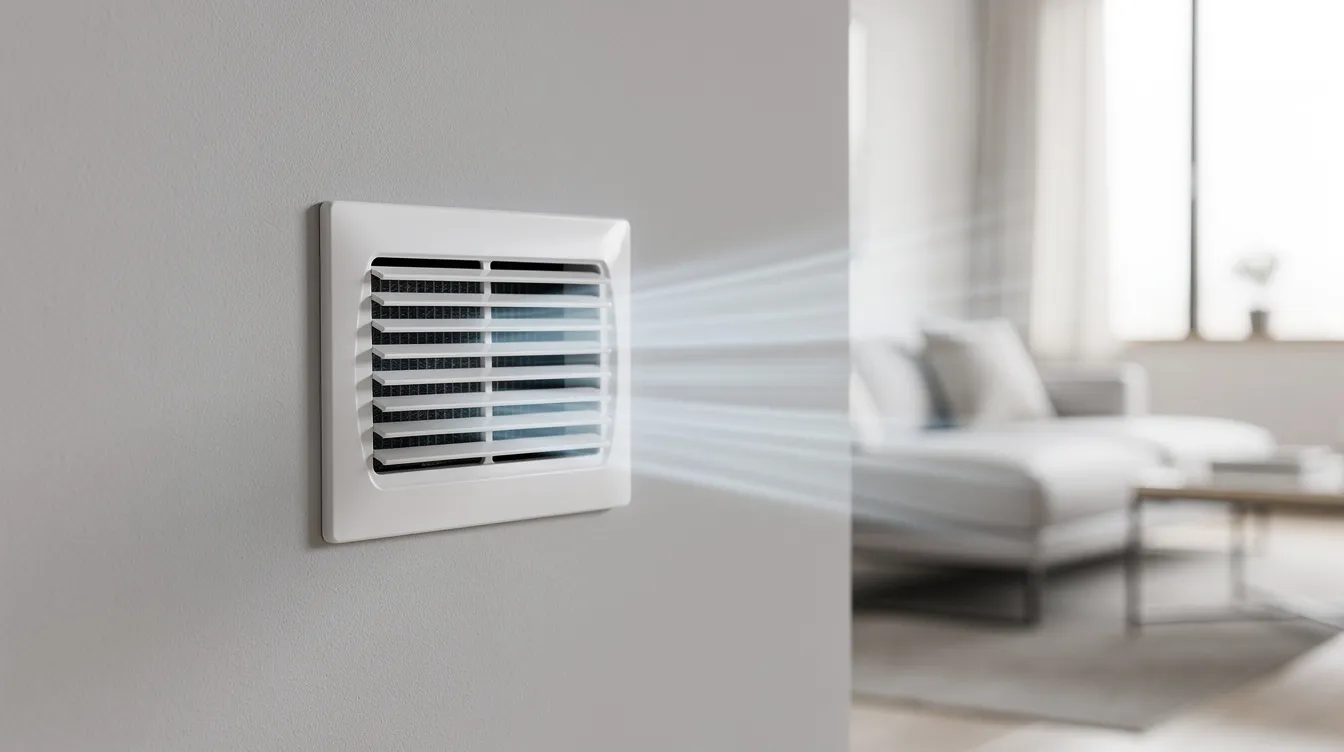 The image shows a clean air vent in a modern home interior, with visible airflow indicating the operation of a heat pump system. This setup highlights the importance of proper installation and maintenance for optimal performance and energy efficiency in residential heating and cooling.