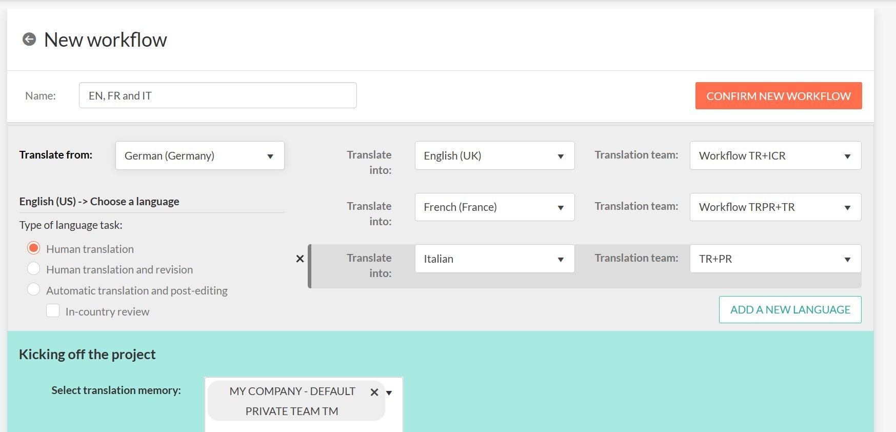 Automated workflow set up for three target languages - collaborative translation