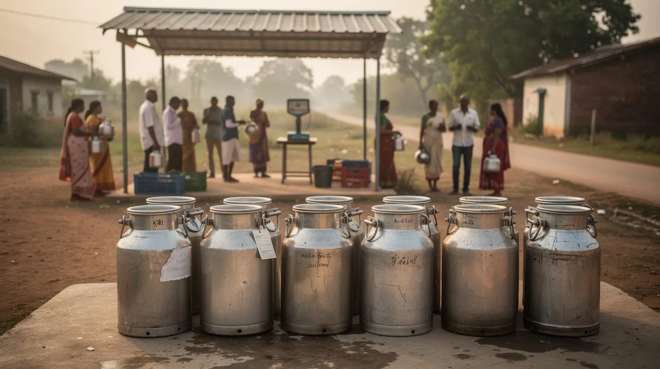 The image shows stainless steel milk cans neatly arranged at a rural village collection point, with farmers patiently waiting in the background. This scene highlights the essential infrastructure for milk collection and processing, where milk producers bring their raw milk for quality testing and procurement.