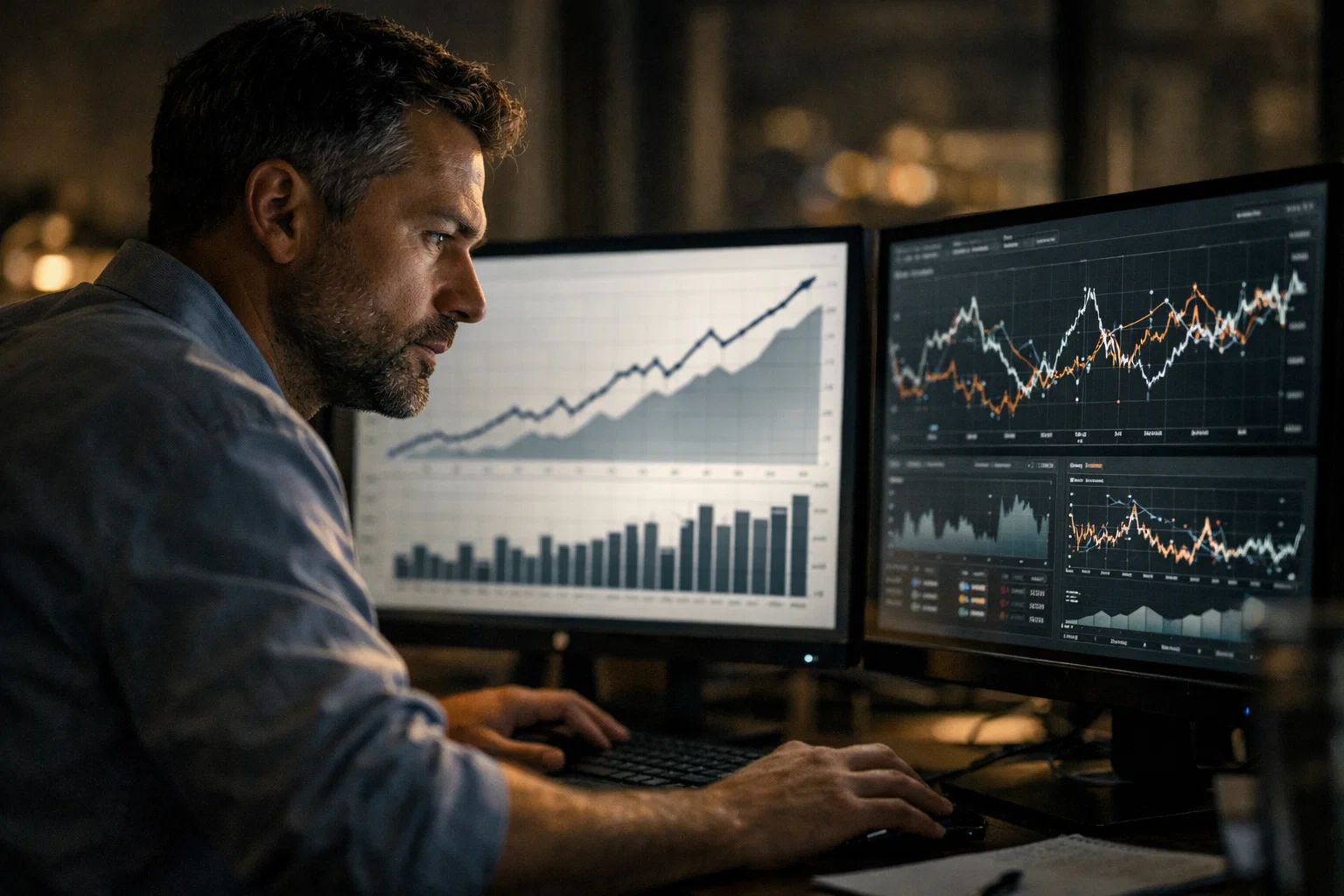 Business professional comparing digital marketing performance reports to evaluate ROI