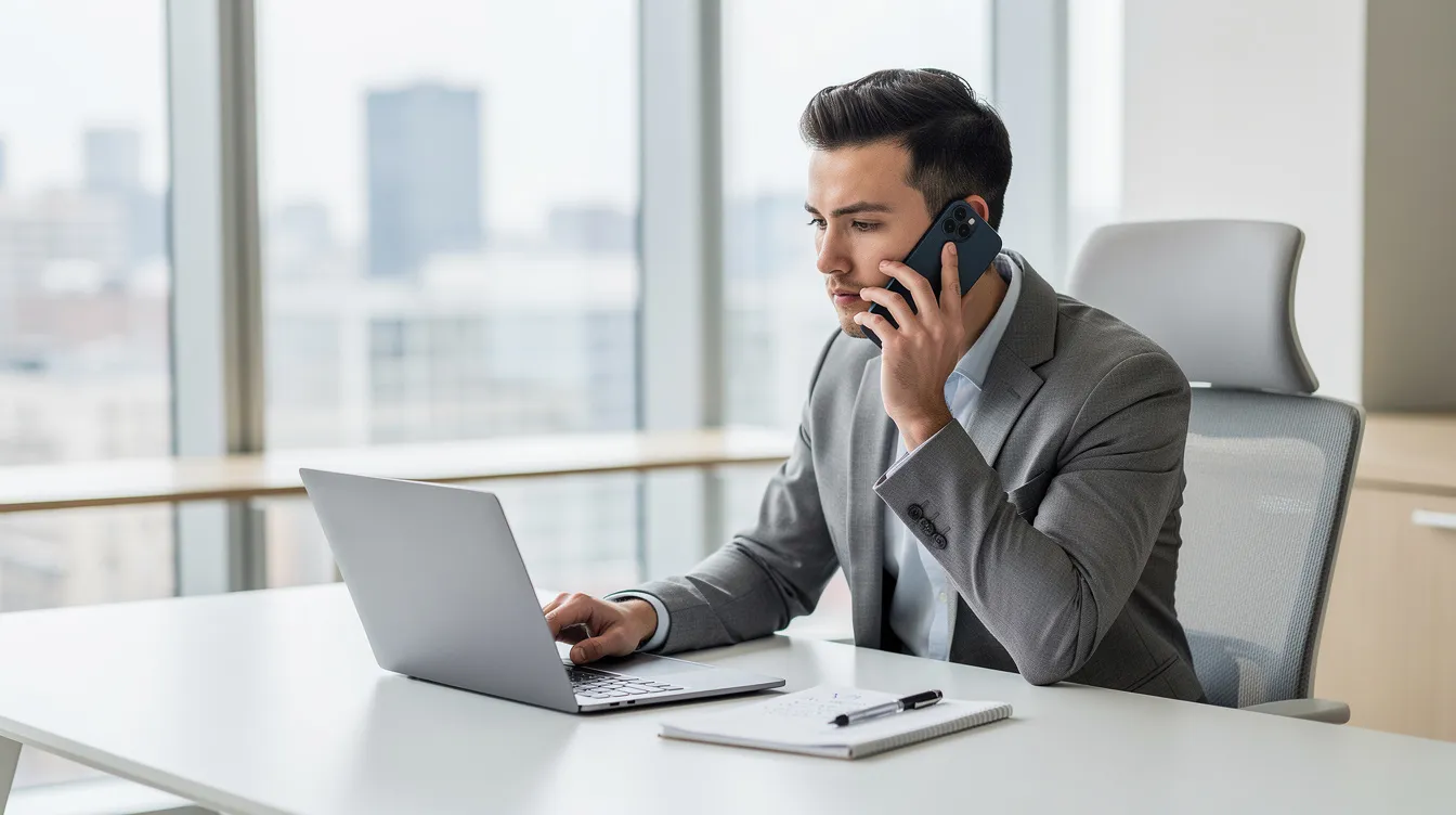 Un professionnel est en train de passer un appel téléphonique depuis un bureau moderne, avec un ordinateur portable et un bloc-notes sur son bureau. Cette scène illustre les techniques de vente par téléphone, mettant en avant la prospection et la communication avec les clients potentiels.