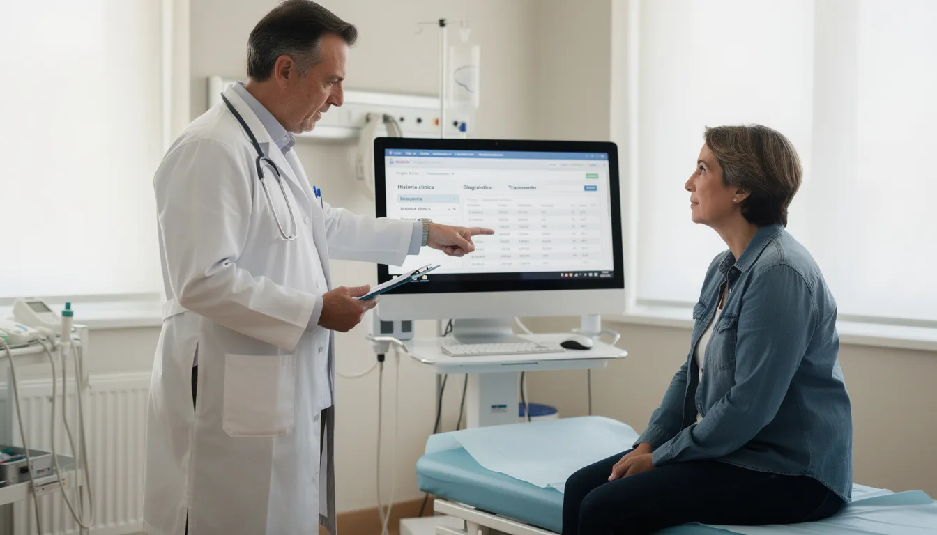 Un médico está revisando la historia clínica de un paciente en una pantalla digital mientras lo atiende en su consultorio. Esta acción refleja el uso de una agenda médica digital que optimiza la gestión de citas y mejora la atención al paciente.