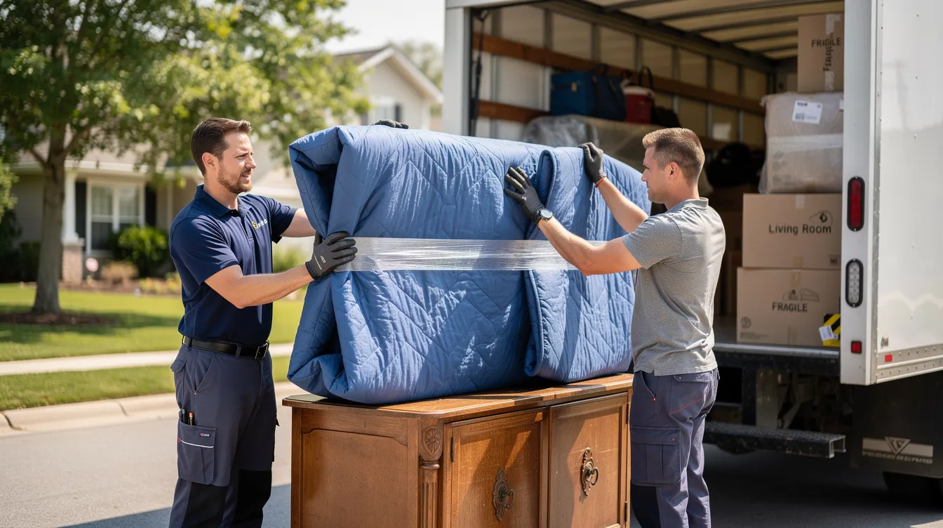 Two professional movers are carefully wrapping a large piece of furniture with protective blankets beside a moving truck, demonstrating the attention to detail that reputable moving companies prioritize during a long distance move. Their focus on securing the item reflects the high standards of customer satisfaction and full service moving offered by the best long distance movers.