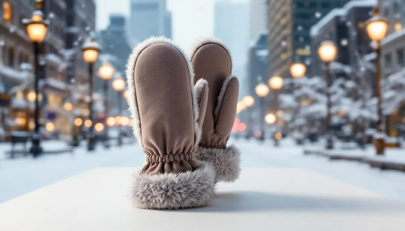 Trendy shearling mittens shown with a winter backdrop, ideal for cozy gifts.