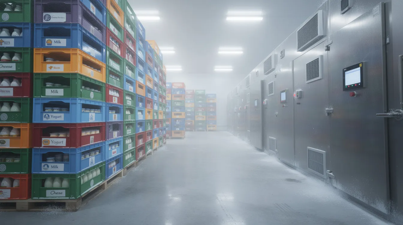 999115fc d99d 40b8 9060 7b758503059a The image depicts a cold storage facility filled with stacked crates of dairy products and several refrigeration units, essential for maintaining the quality of milk and dairy processing. This setup is vital for dairy entrepreneurs looking to expand their operations and manage cash flow effectively within the dairy farm industry.