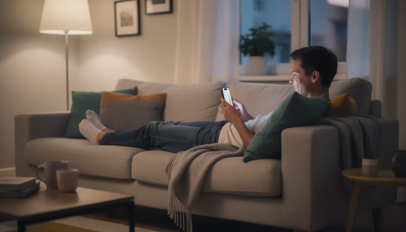 En person sitter avslappnat på en soffa och använder sin smartphone för underhållning, kanske för att spela online casino spel som "Eye of Horus" eller "Big Bass". Denna stund av avkoppling kan inkludera att utforska olika funktioner hos Playtoro, som free spins och live dealer alternativ.