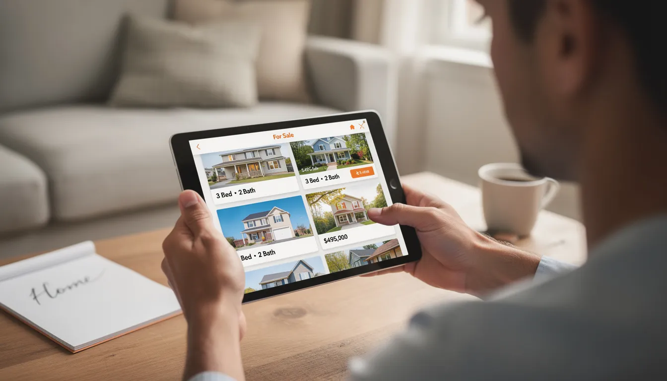 A person is sitting comfortably while browsing real estate listings on a tablet, exploring various property options and features available on a real estate website. The scene captures the ease of using digital tools for real estate professionals to attract potential buyers and generate leads.