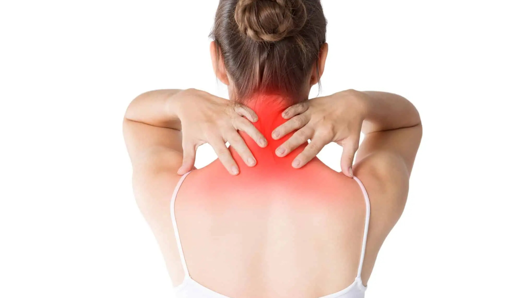 Vondt i nakke? Årsaker, øvelser og behandling som faktisk virker 1 "Kvinne sett bakfra som holder nakken med begge hender, med rødt område som indikerer smerte i nakke og øvre rygg."
