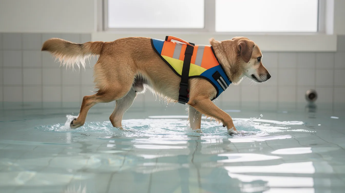 A dog is walking gently through shallow water during a hydrotherapy session, showcasing its mobility and active lifestyle. This therapeutic activity can be beneficial for joint health, especially for older or arthritic dogs, helping to reduce stiffness and improve overall movement.