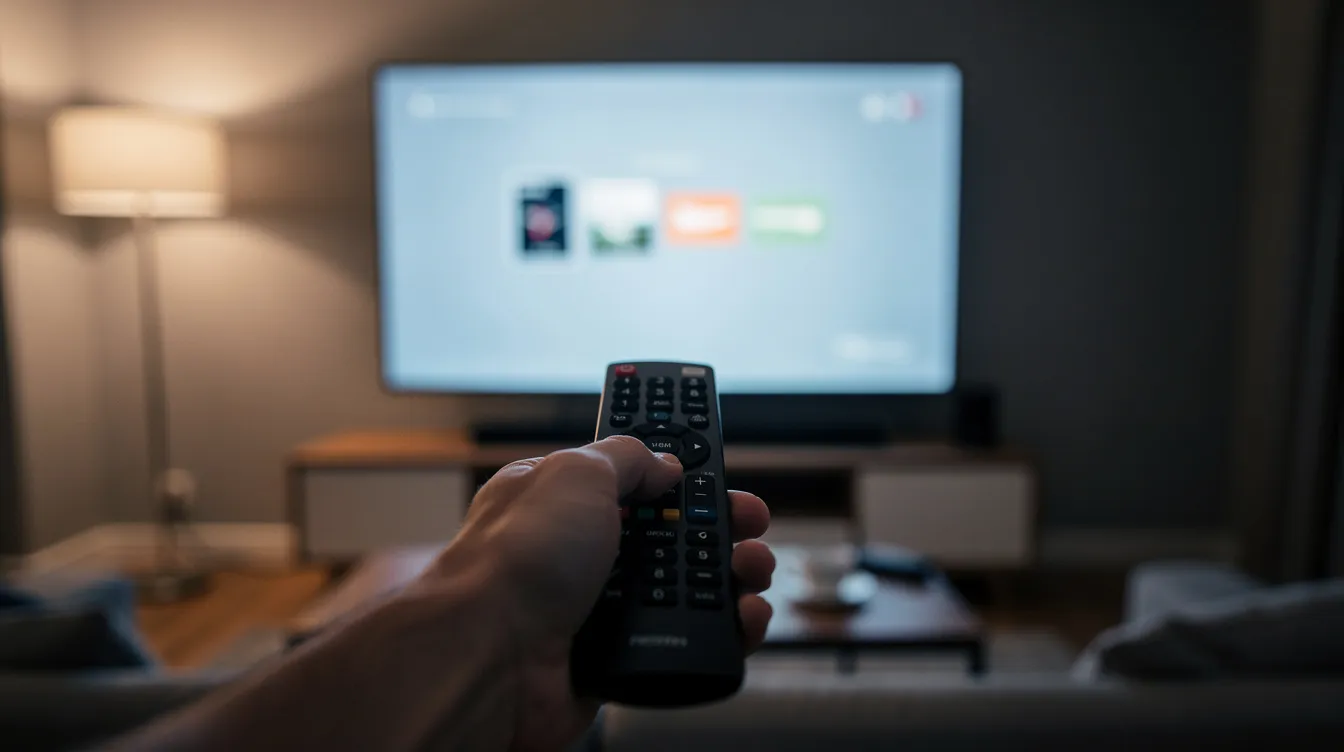 A person's hand is holding a TV remote control, aimed at a large smart television screen in a dimly lit room, ready to access various IPTV apps and live channels for streaming. The scene emphasizes the convenience of modern IPTV services and the potential for high-quality viewing experiences.