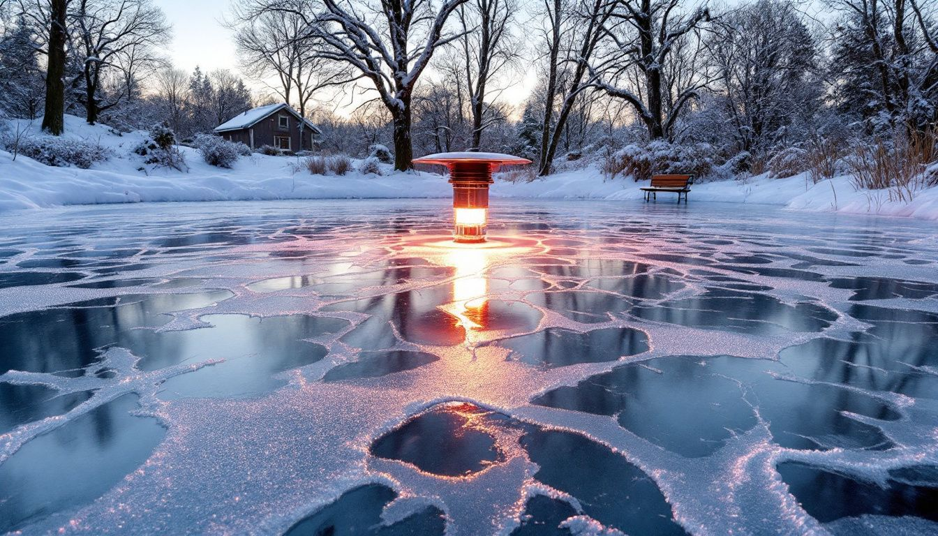 A winter pond scene with ice formation on the water surface and a pond heater in the background.