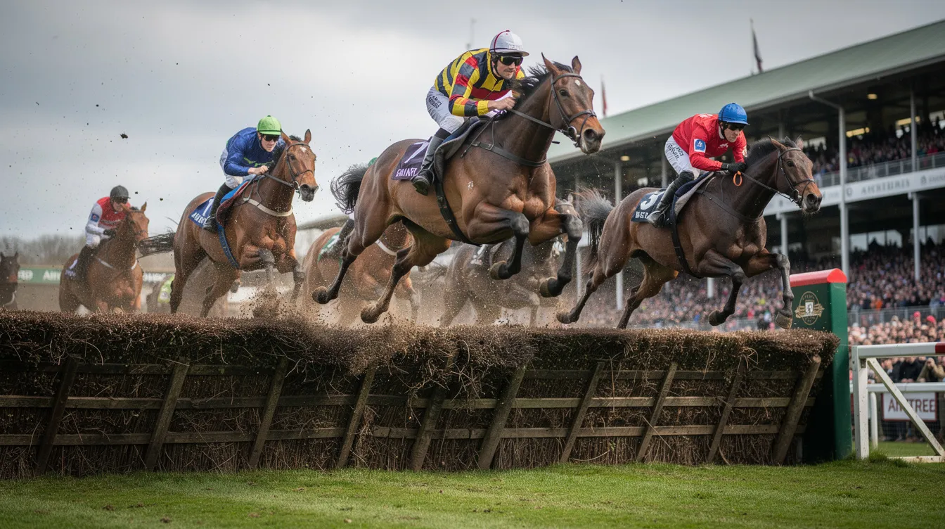 The image depicts horses leaping over large fences at Aintree racecourse during a thrilling steeplechase event, showcasing the excitement of horse racing. This scene captures the essence of competitive odds and the vibrant atmosphere that horse racing fans experience at such events.