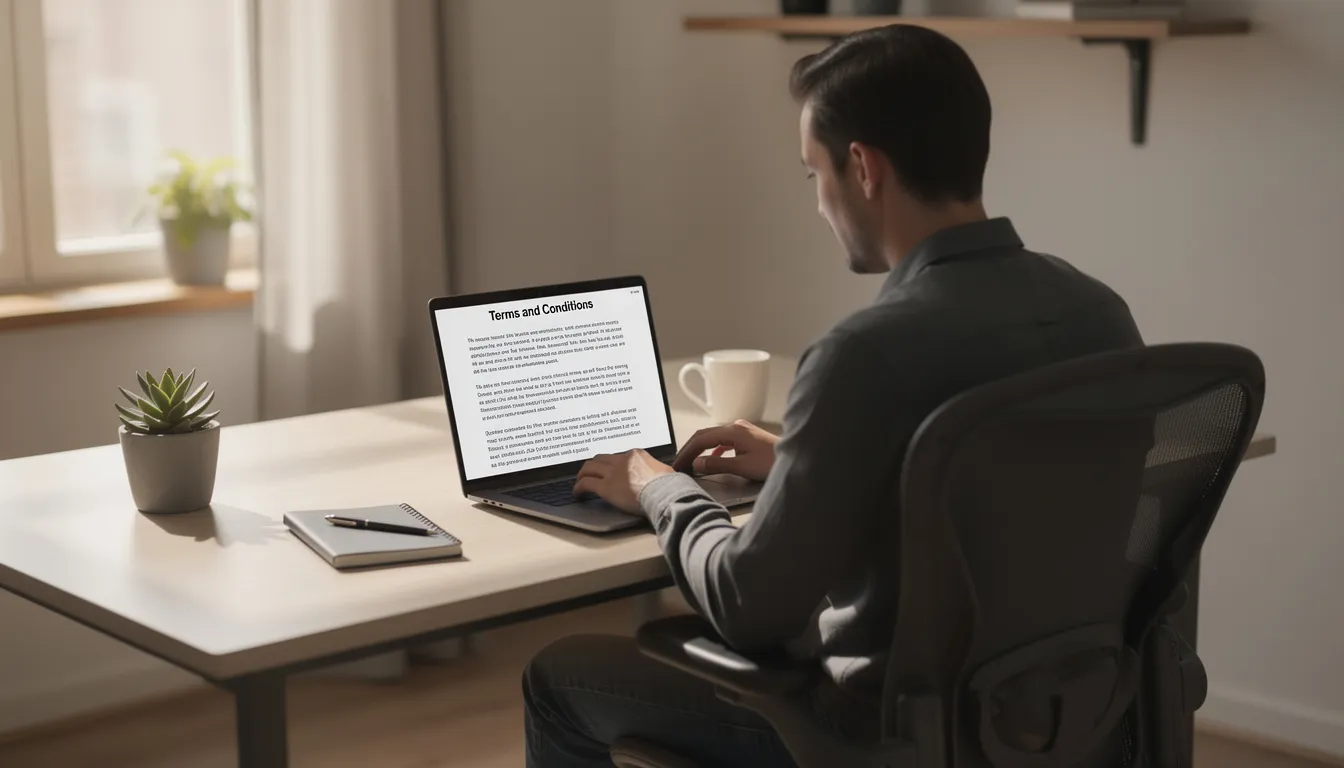 A person is sitting at a desk in a home office, focused on reading the terms and conditions displayed on their laptop screen, which may include information about deposit bonus offers and online gambling regulations. The setting is cozy, with books and office supplies surrounding them, emphasizing a serious approach to understanding the details of online casino games.