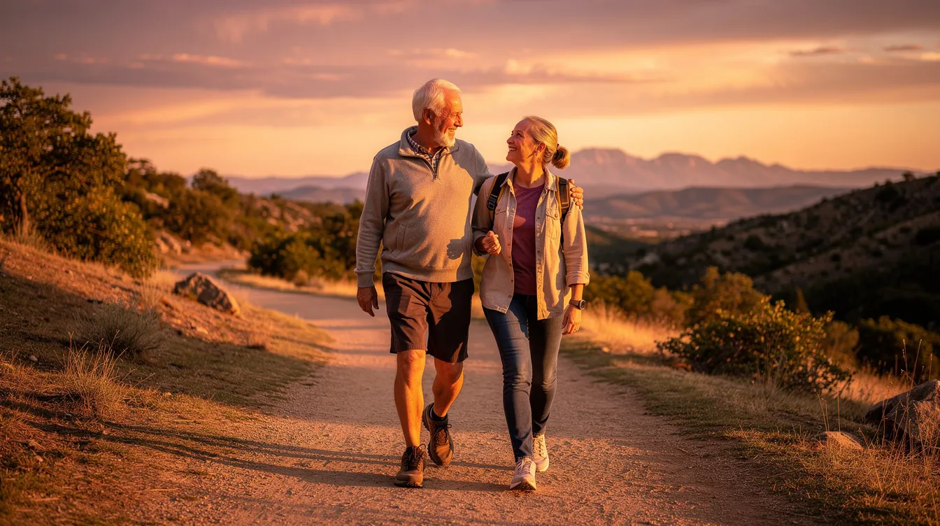 An older couple walks confidently together along a scenic trail at sunset, surrounded by vibrant colors in the sky and lush greenery. This image captures the essence of enjoying retirement and the importance of financial planning, such as understanding retirement accounts and their implications for a secure financial future.