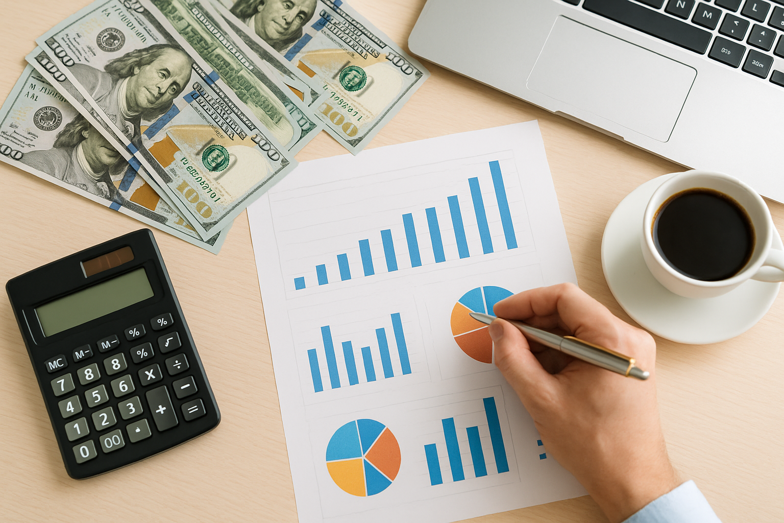 Overhead of financial charts and magnifying glass emphasizing that cost optimization refers to monitoring usage trends and uncovering hidden costs for cost reduction.