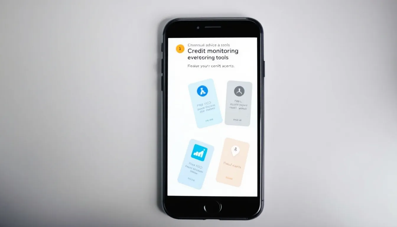 Various credit monitoring tools displayed on a smartphone, illustrating options for free FICO scores.
