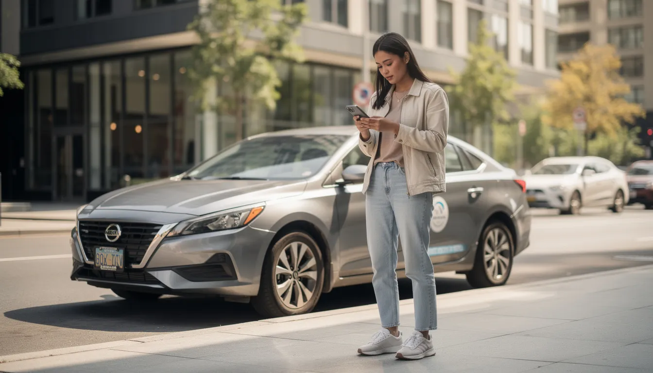 Une personne utilise un smartphone devant une voiture de location, probablement chez Dollar, pour consulter des informations ou effectuer une réservation. L'environnement suggère un lieu de prise en charge de véhicule, idéal pour les voyageurs en quête d'un bon rapport qualité-prix.