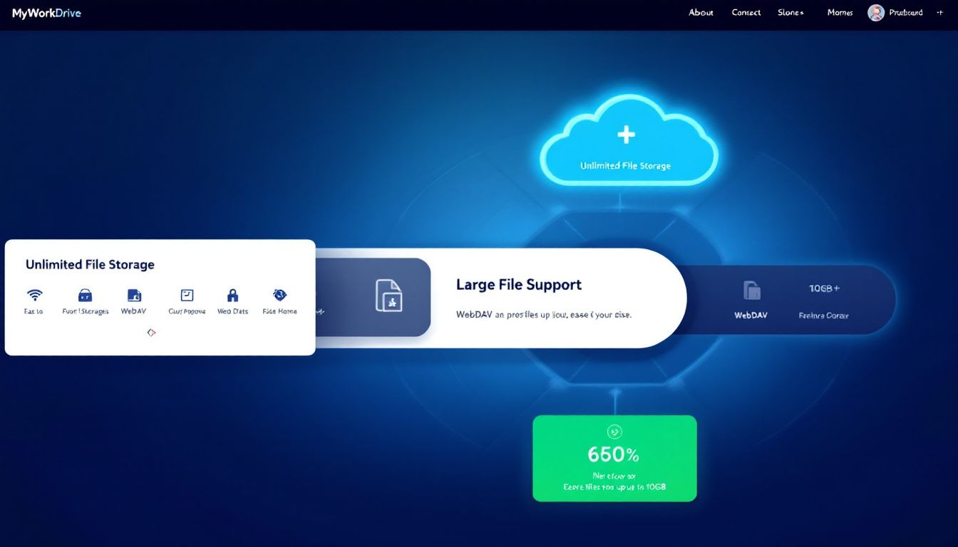 A visual representation of MyWorkDrive and its capabilities regarding file size and webdav.