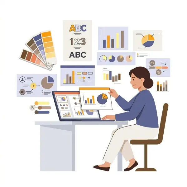 Illustration einer Frau bei der Erstellung von Präsentationsfolien mit Diagrammen, Farbpalette und Laptop