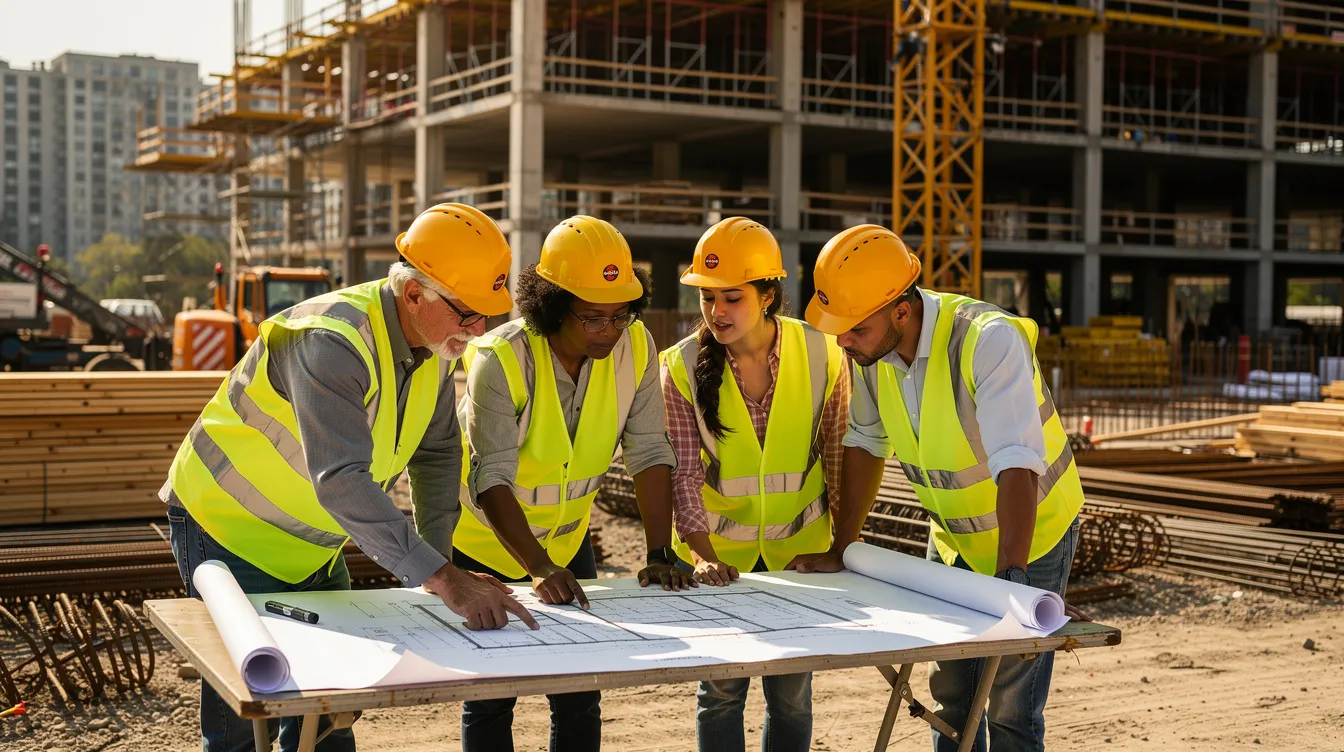 A group of construction workers in hard hats and safety vests are gathered at an active job site, collaboratively reviewing blueprints to ensure alignment on the project scope and execution. This early collaboration among the project team is crucial for effective construction management and risk mitigation throughout the construction phase.