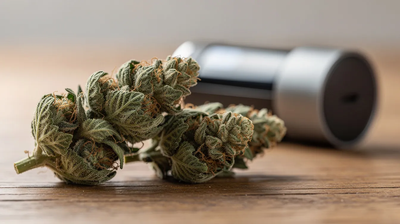 Auf einer Holzoberfläche liegen Cannabisblüten neben einem Desktop-Vaporizer. Der Vaporizer bietet eine alternative Methode zum Konsum von Cannabis, die weniger Schadstoffe freisetzt als das Rauchen und die Effizienz der Wirkstoffe durch Verdampfung erhöht.