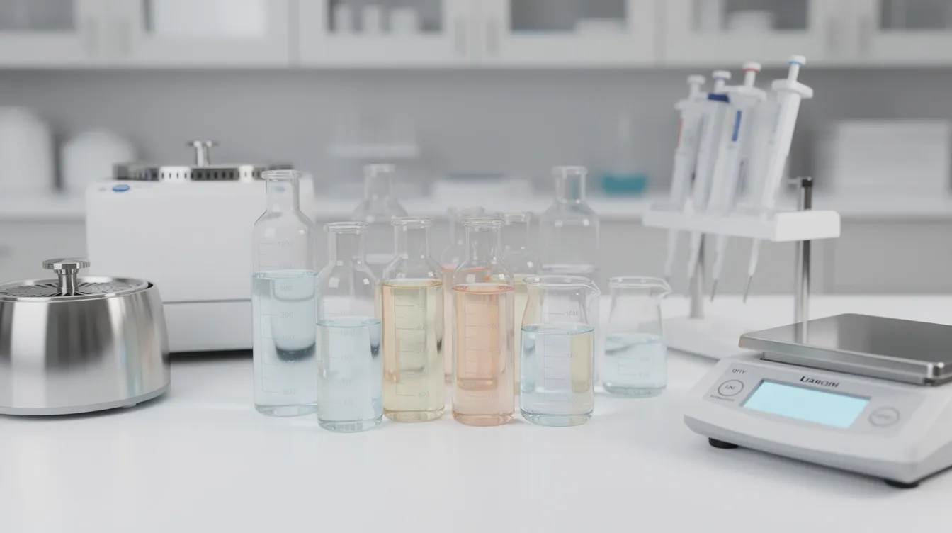 The image shows a clean white countertop in a laboratory setting, featuring various glass vials and scientific equipment arranged neatly, indicative of a space for testing substances related to medical cannabis or other controlled substances. This setup may be used for research on the legal status of THCA and its implications under North Dakota law.