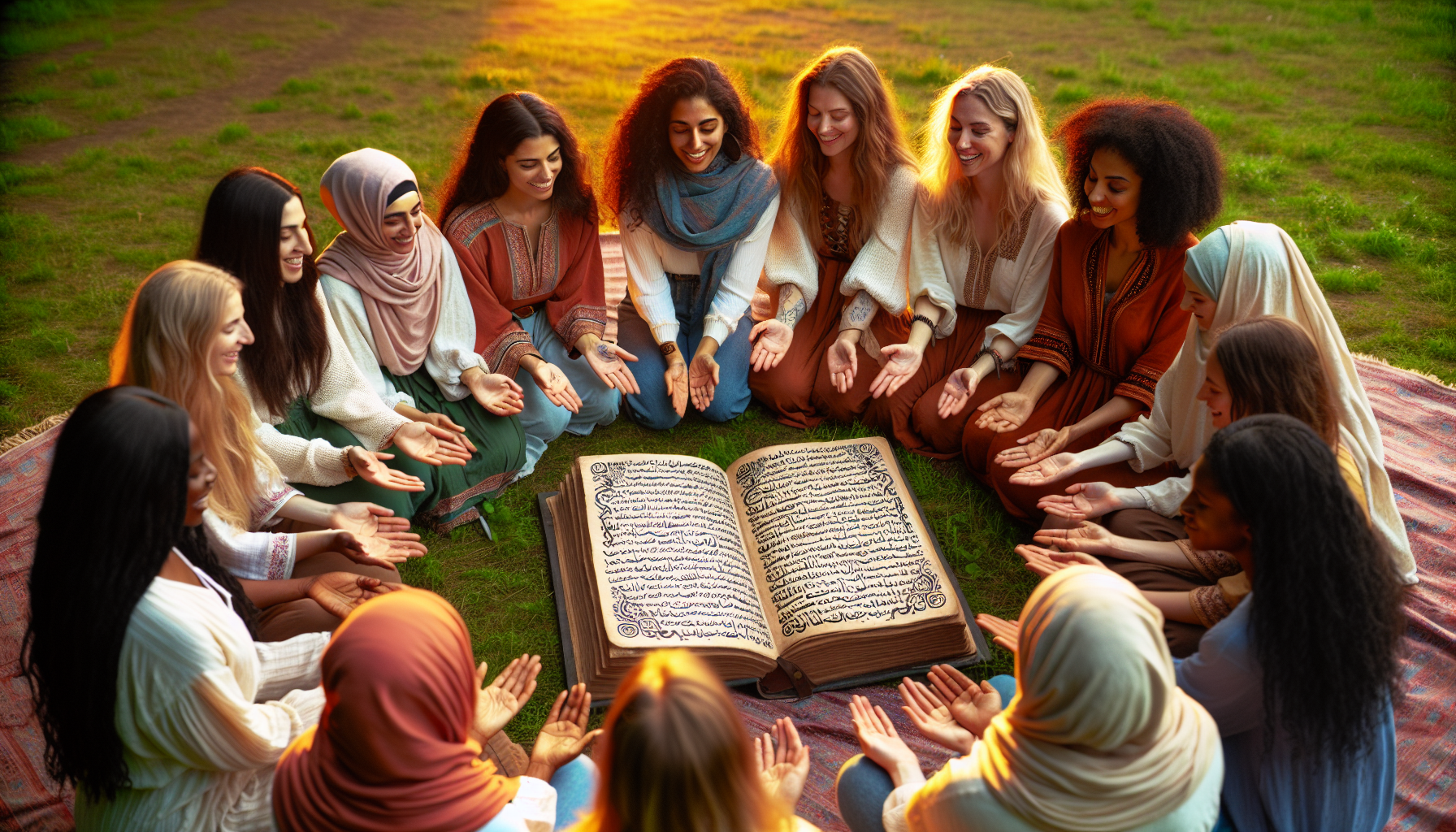 Group of diverse women sitting in a circle, holding hands and studying the Bible together