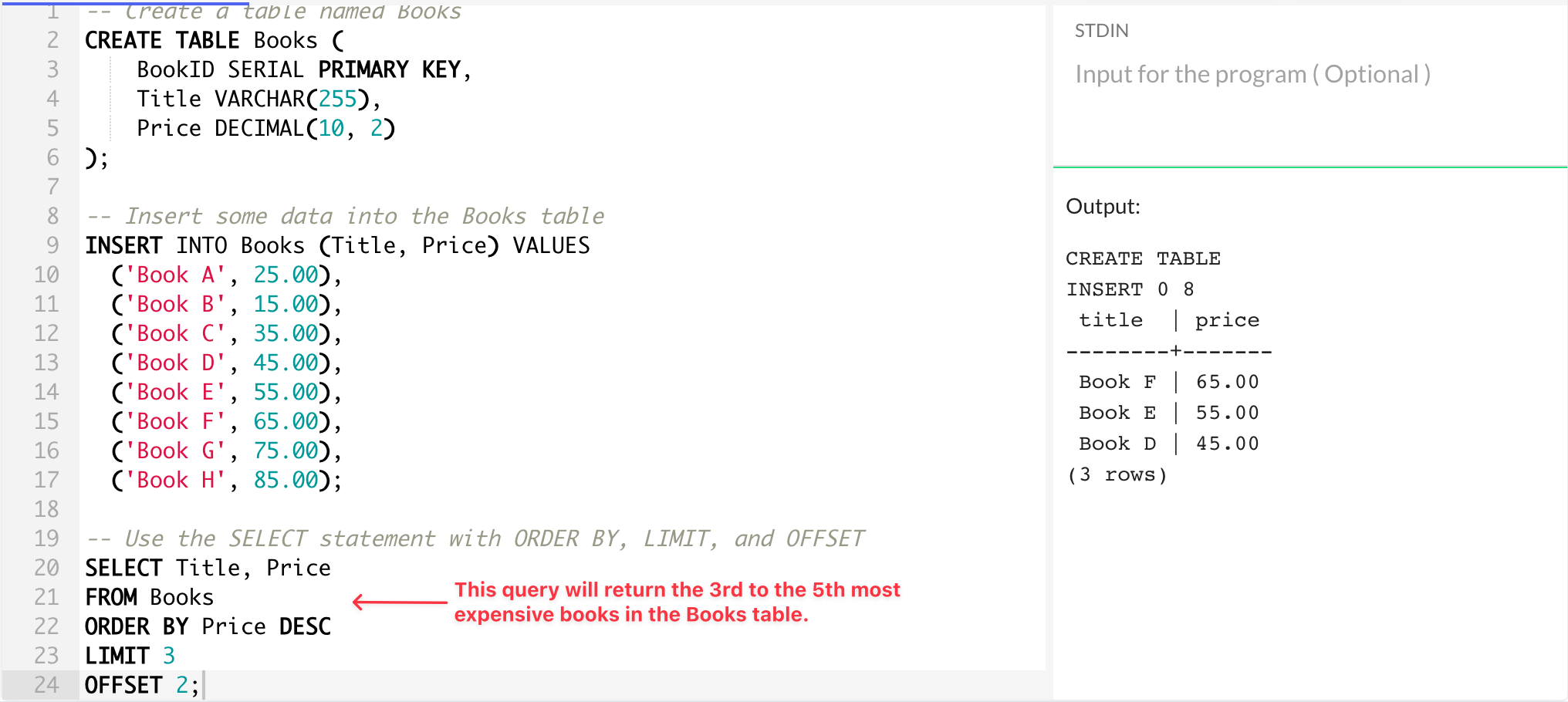 SQL Limit and Offset used on a table in above query to return 3rd to 5th most expensive books