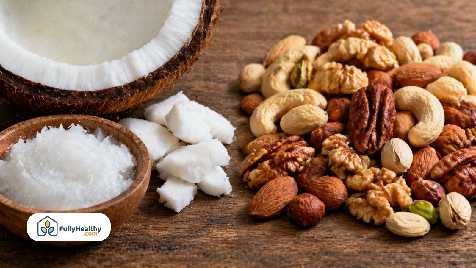Coconut halves and mixed tree nuts on wooden surface comparison
