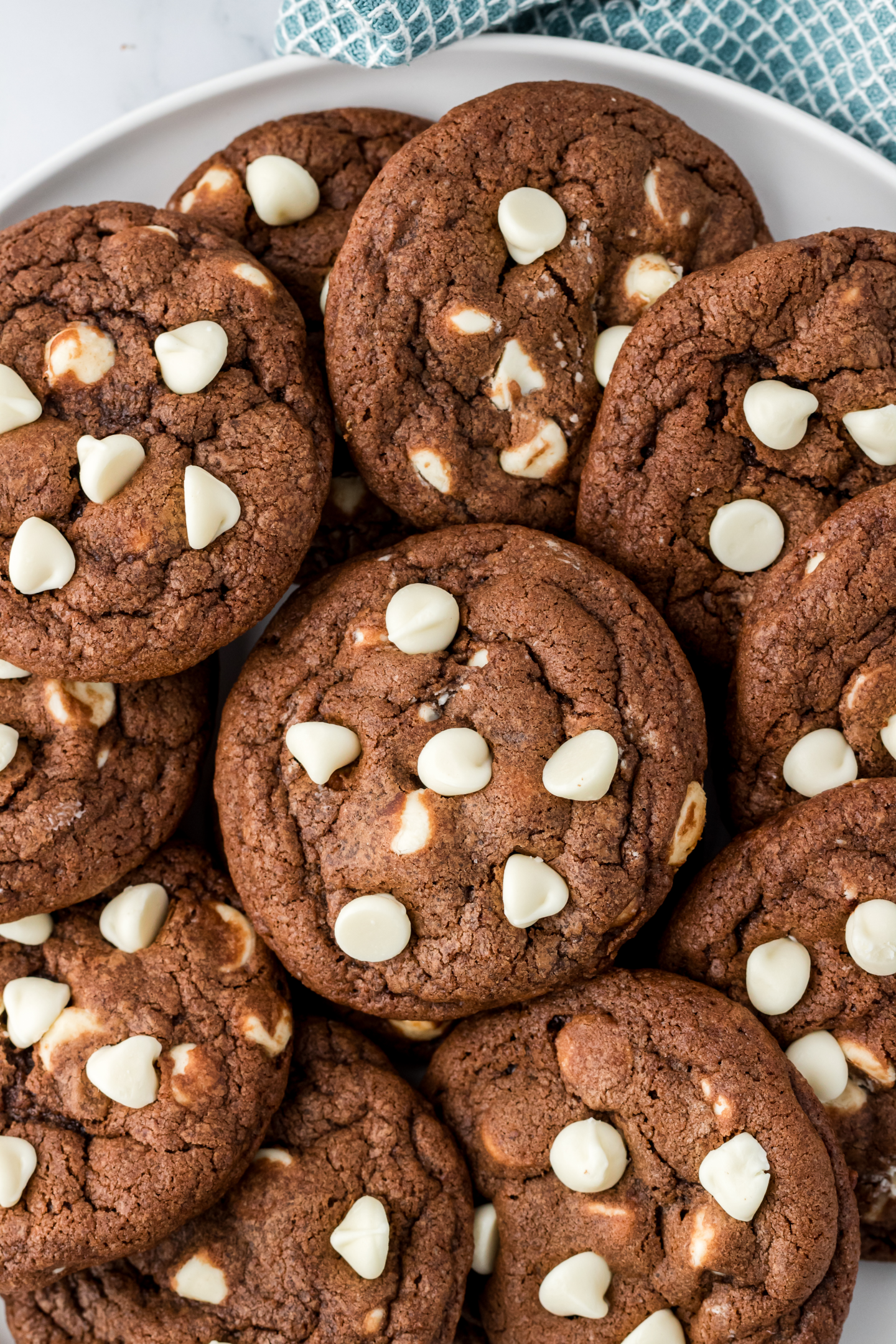 plate of chocolate white chocolate chip cookies