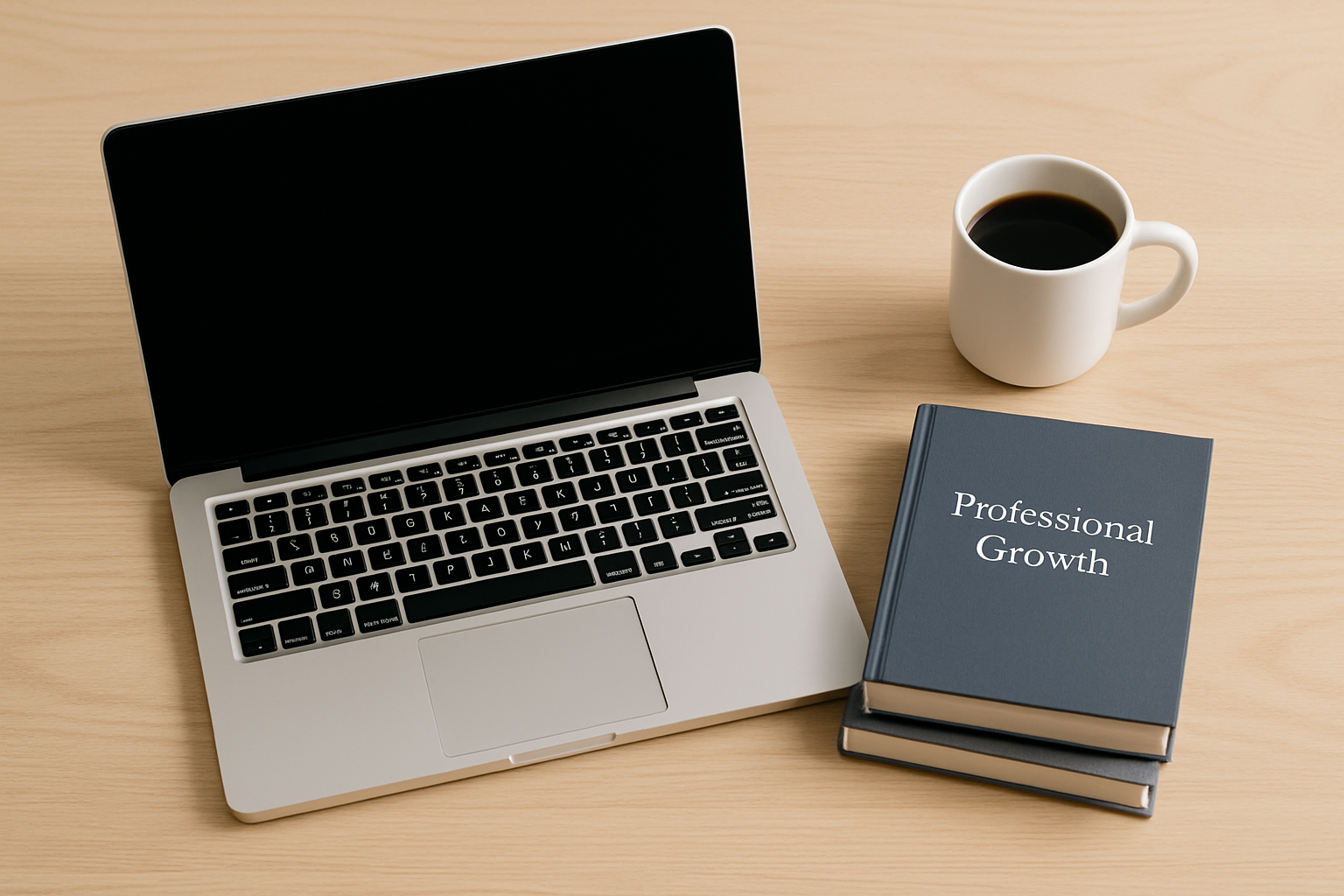 Overhead of laptop, professional growth books, and coffee illustrating growth initiatives and leverage technology for long-term cost optimization through training investments.