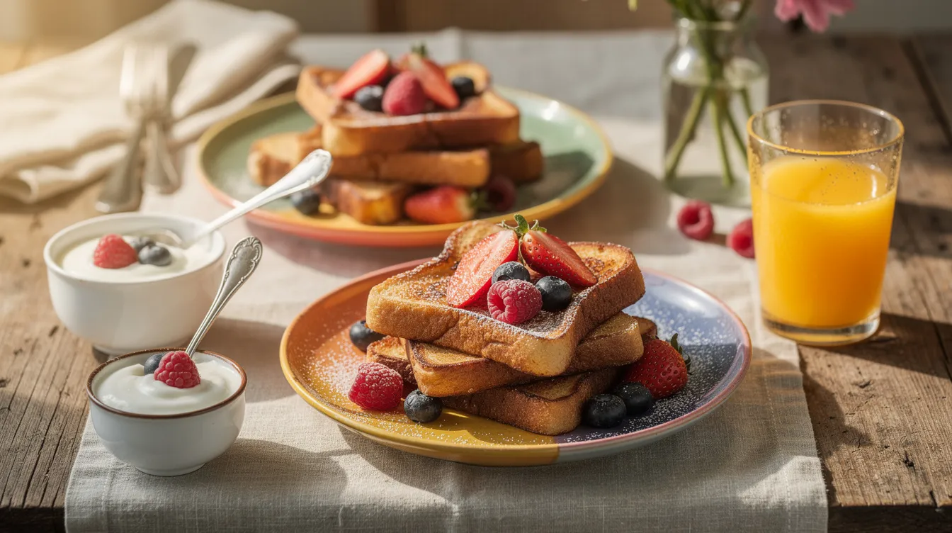 The image showcases a warm and inviting brunch table setting, featuring colorful plates of French toast garnished with fresh berries, a small bowl of creamy yogurt, and refreshing glasses of fresh orange juice. This delightful spread embodies healthy eating, perfect for an easy meal prep idea or a satisfying breakfast.