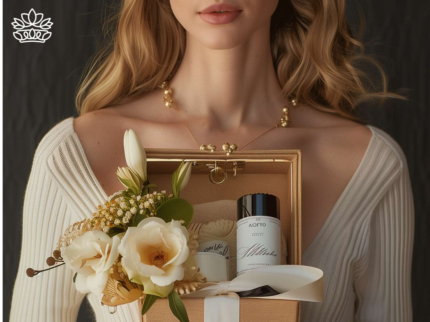 An elegant woman holding a bespoke gift box containing an exquisite fragrance and fresh white flowers, a sophisticated offering from Fabulous Flowers and Gifts.