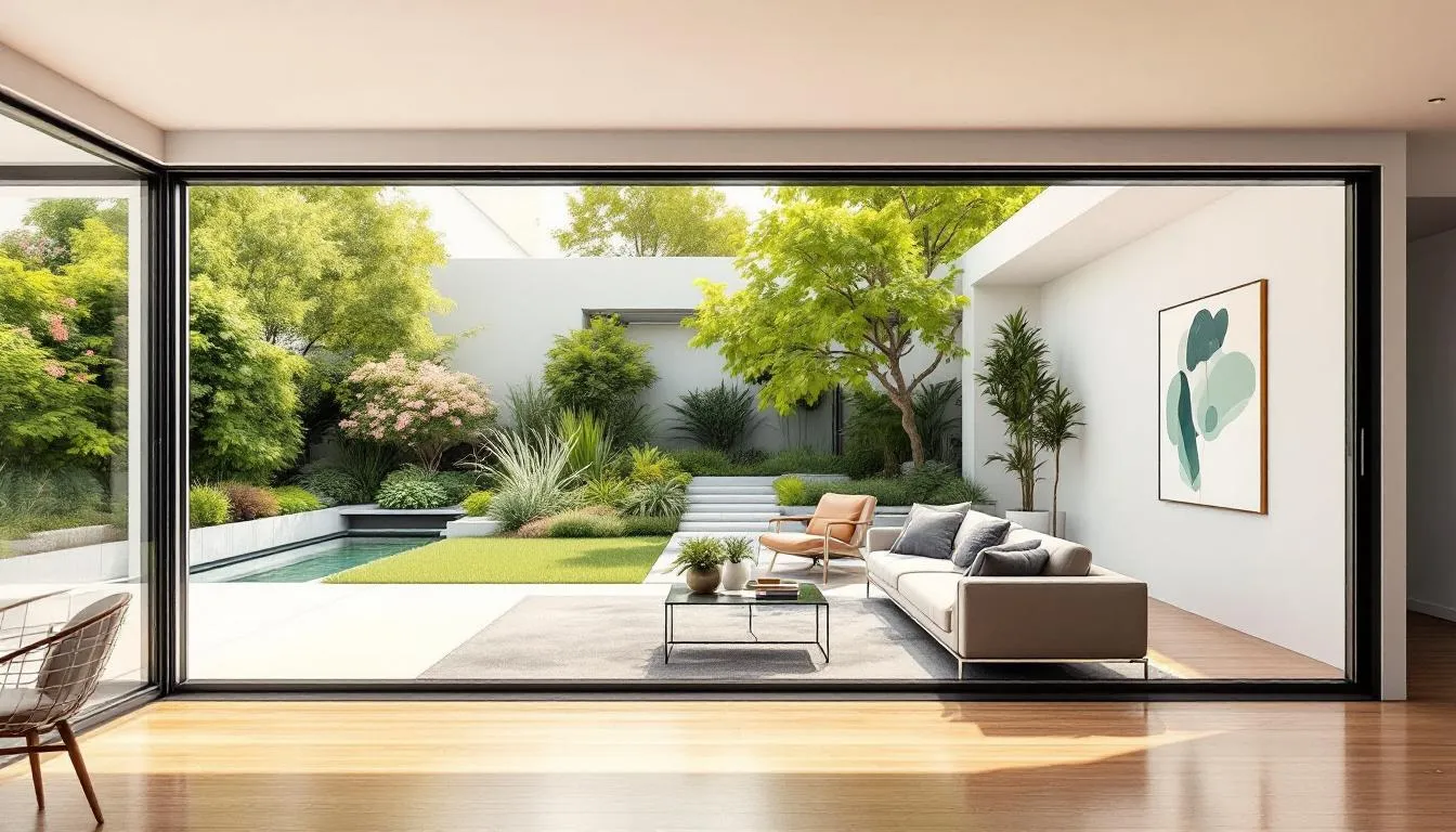 Een moderne woonkamer met een 8 meter brede aluminium schuifpui die volledig geopend is, biedt een naadloze verbinding met een prachtige tuin. De grote raampartijen zorgen voor een schitterend uitzicht en creëren een luxe uitstraling in de ruimte.