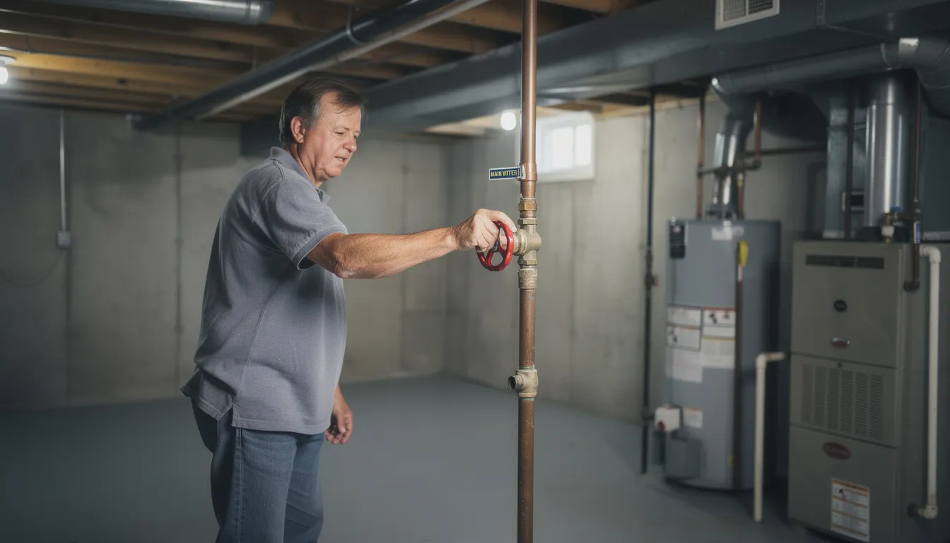 A homeowner is in a basement utility room, turning off the main water valve to address a plumbing issue. This proactive step is crucial in emergency plumbing situations to prevent further water damage in the home.