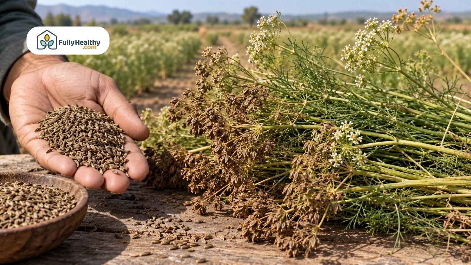 Farmer holding harvested cumin seeds beside fresh cumin plants in field.