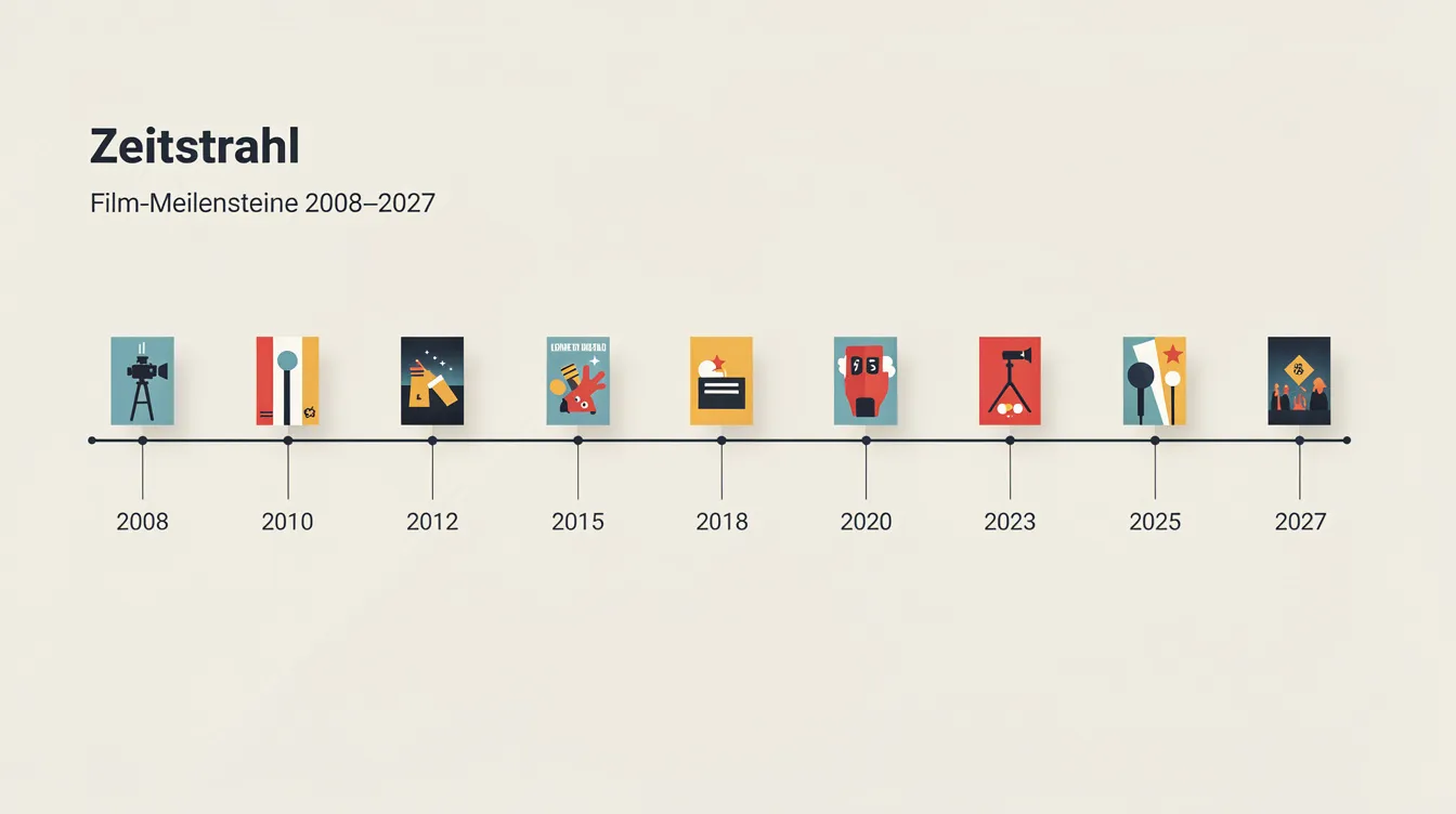 Der Zeitstrahl zeigt die Jahre 2008 bis 2027 mit kleinen Filmplakat-Symbolen, die wichtige Meilensteine des Marvel Cinematic Universe (MCU) markieren, darunter Filme wie "Iron Man", "Captain America" und "Spider-Man". Die visuellen Elemente verdeutlichen die Reihenfolge und Entwicklung der MCU-Phasen über die Jahre hinweg.