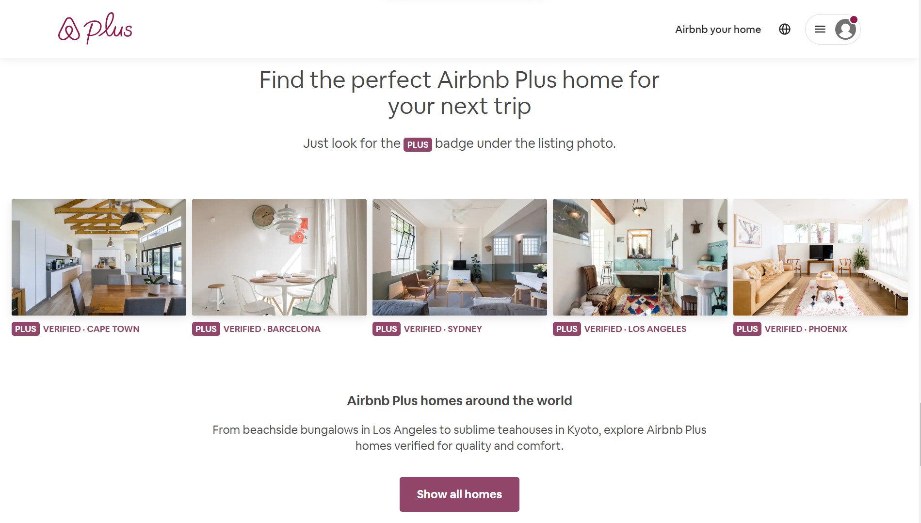 A screenshot of Airbnb Plus website landing page