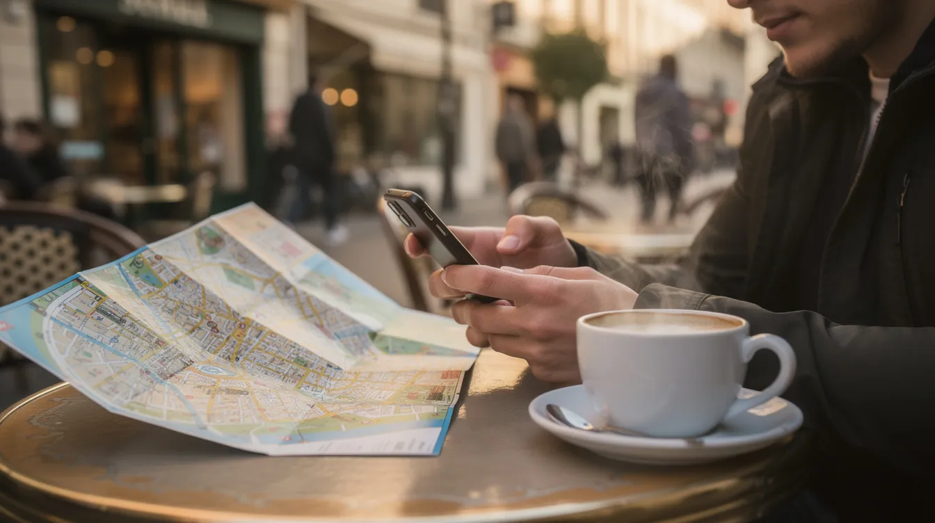 Person planning a trip with a map and smartphone at a café table.