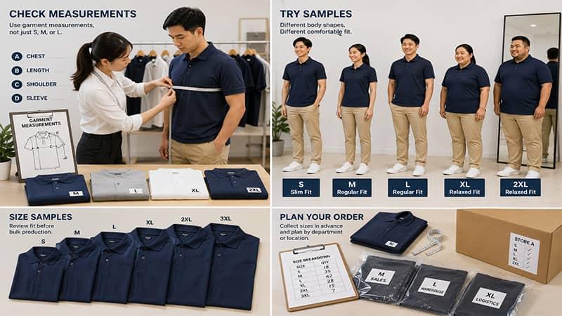 Uniform sizing guide showing garment measurements, fit samples, size ranges, and order distribution planning