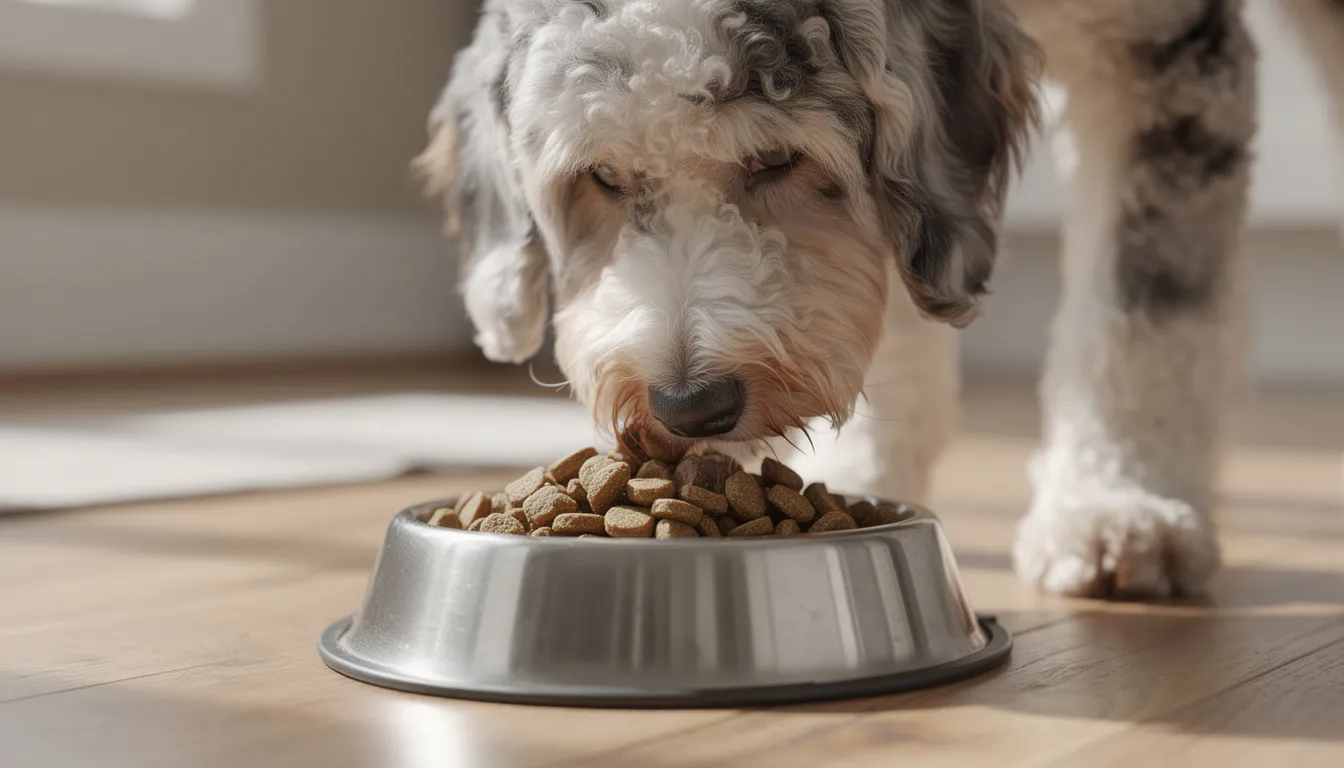 A realistic image shows an Aussiedoodle enjoying high-quality dog food from a stylish dog bowl. This highly intelligent dog, known for its curly coat and playful temperament, is a perfect companion for active families and requires regular grooming and mental stimulation.