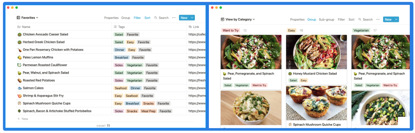The same recipe table in Notion, just using a different view.