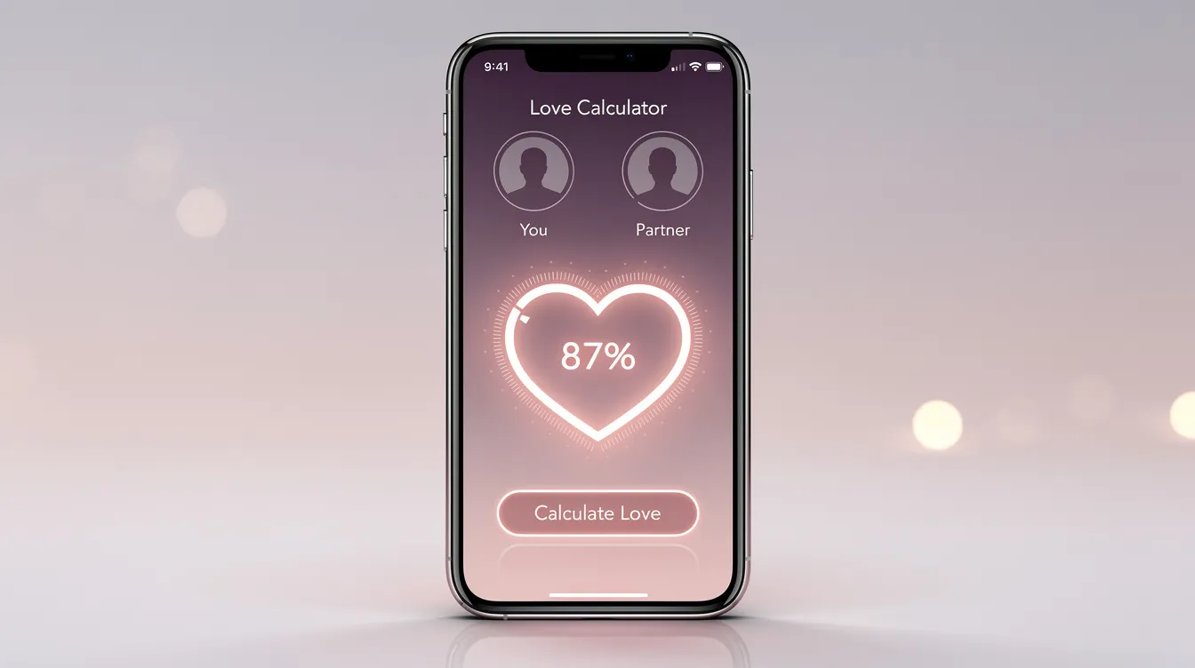 The image depicts a sleek love calculator interface, featuring an AI-powered tool designed to analyze personality traits and relationship dynamics. Users can enter two names to discover their love compatibility percentage, receiving customized recommendations and insights based on advanced AI technology.