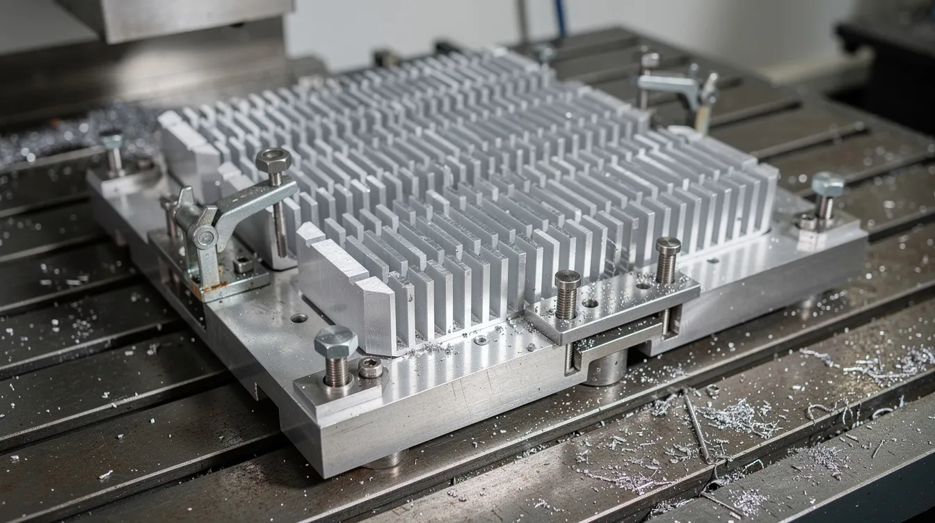 The image depicts multiple aluminum heatsink parts securely clamped on a steel fixture plate, utilizing dowel pins and toe clamps on a CNC milling machine table. This setup illustrates a machining process designed for high precision, ensuring the correct position of the workpieces during CNC milling operations.